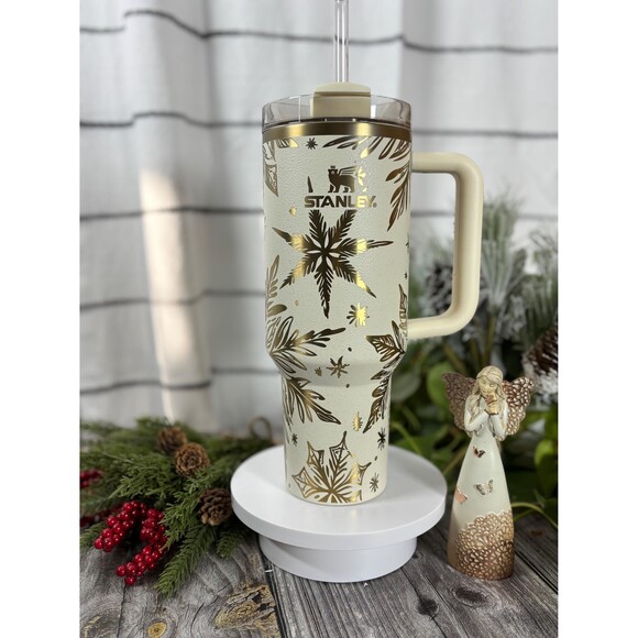 40oz Custom Engraved Etched Stanley Winter Christmas Cup, Snowflakes, Cream Moon